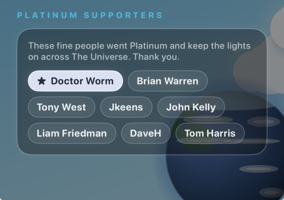 Platinum Supporters on the about screen