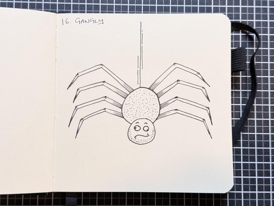 A drawing of a spider with big long legs and a confused smile and eyes