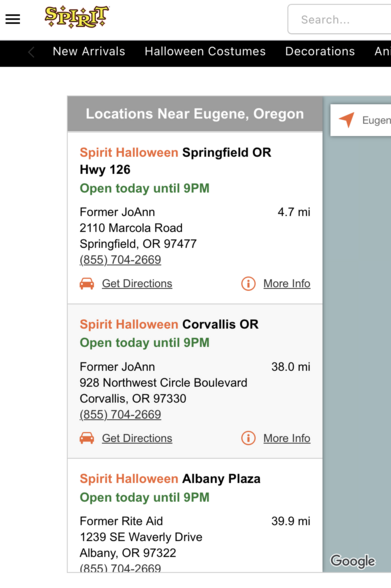 Spirit store locator showing former locations as JoAnn (2x) and Rite Aid.