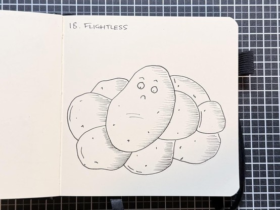 A potato on a pile of potatoes with a sad face because he cannot fly