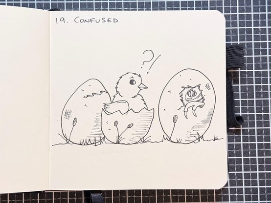 a drawing of three eggs. A chick has hatched out of one, the second is still whole. The third has a raptor claw coming out of it.